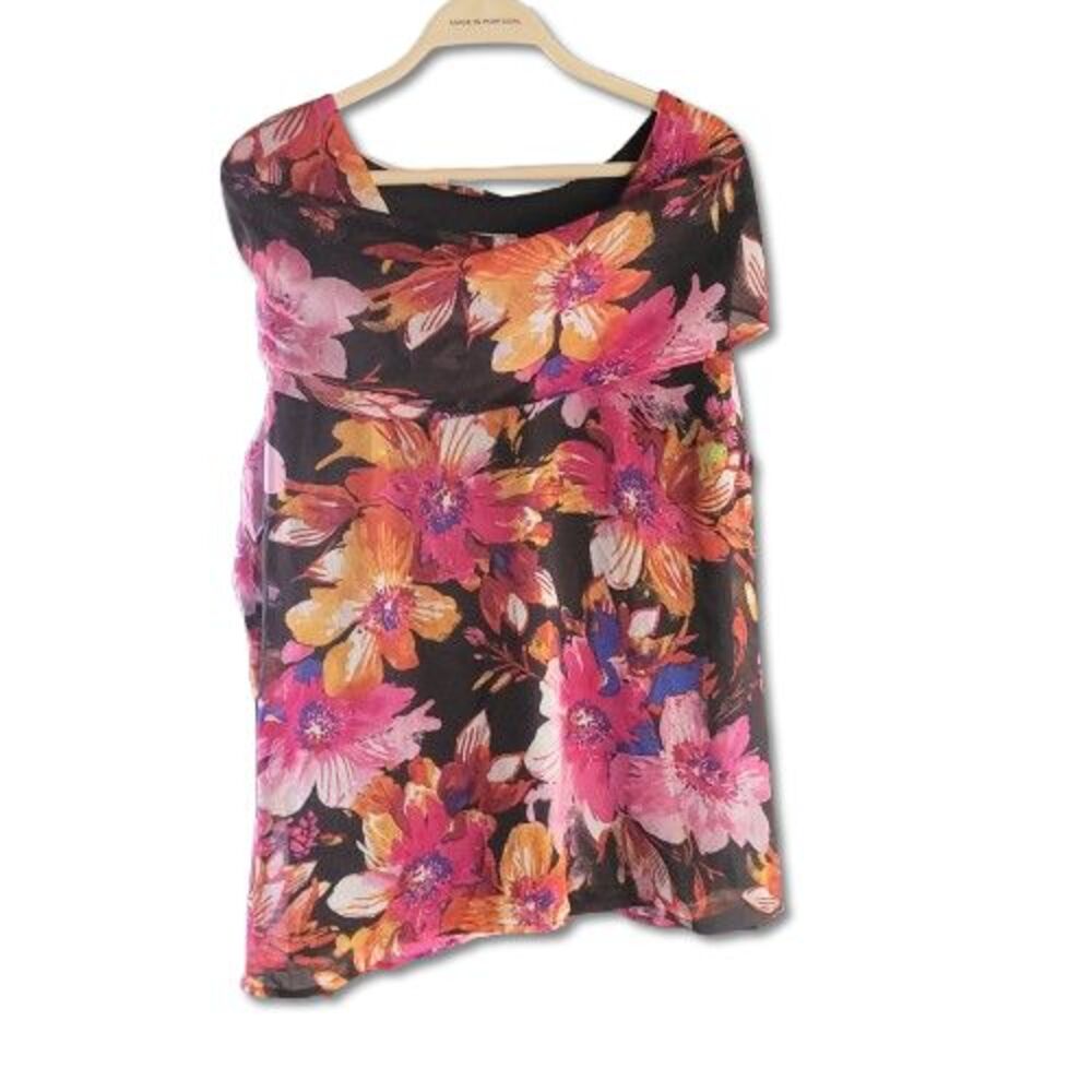 BFA Classics Women's L  Blouse Top Pink Florals Flowey Neck Sleeveless